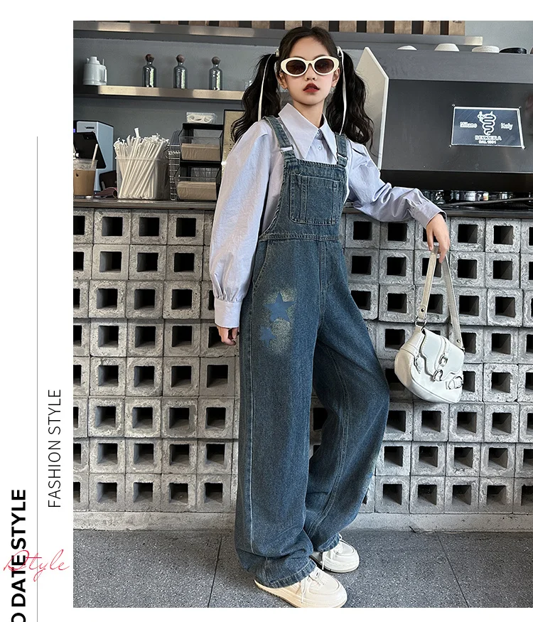 Modische Kinder-Jeans-Overalls für Babymädchen, Blaue Denim-Latzhose mit Trägern, Größe 5 6 7 8 9 10 11 12 13 14 – Detail 3