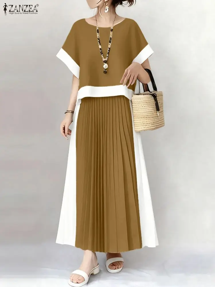 ZANZEA Women Fashion Summer Dress Sets Short Sleeve Tops Maxi Skirts 2PCS Casual Loose Pleated Color Patchwork 2 Piece Outfits