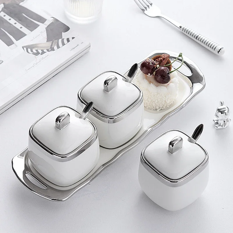 Nordic Light Luxury Monosodium Glutamate Seasoning Box Ceramic Kitchen Supplies Household Pot with Lid Combination Set