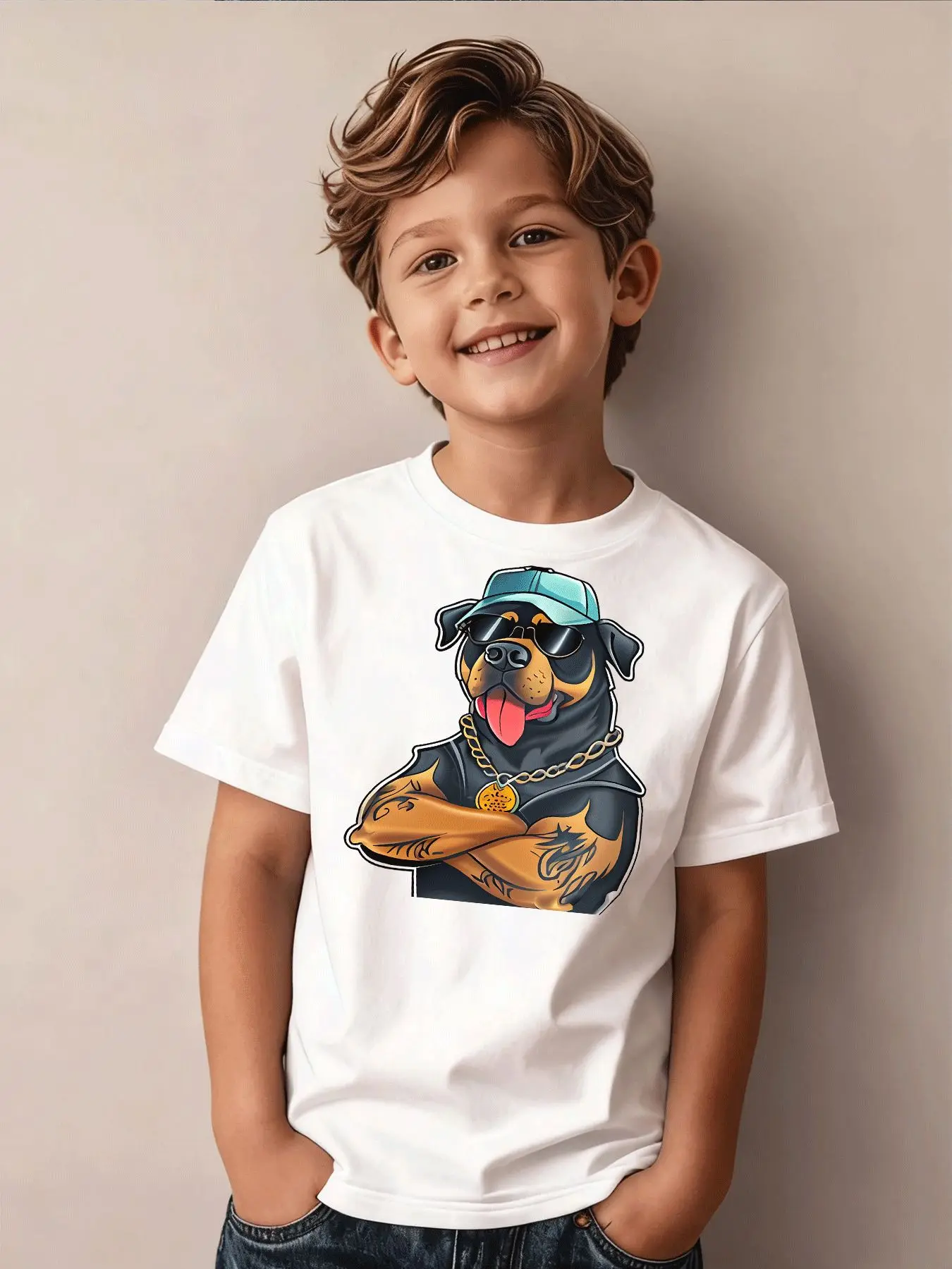 Chest Hugging Cool Dog Cartoon Printed Children's  T-shirt Round Neck Short Sleeve Daily Street Short Sleeve Parent Child Top