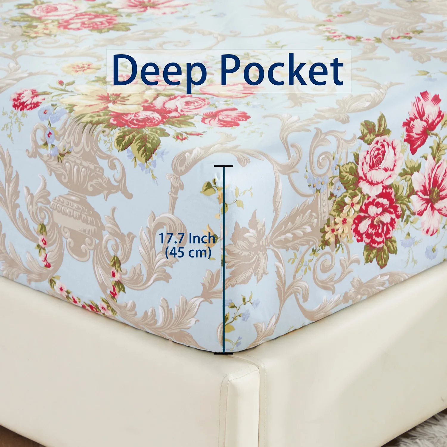 طقم ملاءات مكون من 4 قطع 600 TC 100% قطن (بدون قلب)، وردة حمراء عتيقة باللون الأزرق الفاتح، ناعمة قابلة للتنفس وصديقة للبشرة