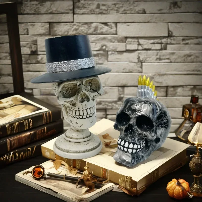 

Halloween Party Decoration Skull Sculpture Ornaments Resin Craft Hat Wearing Skull Head Carving Home Decoration Accessories