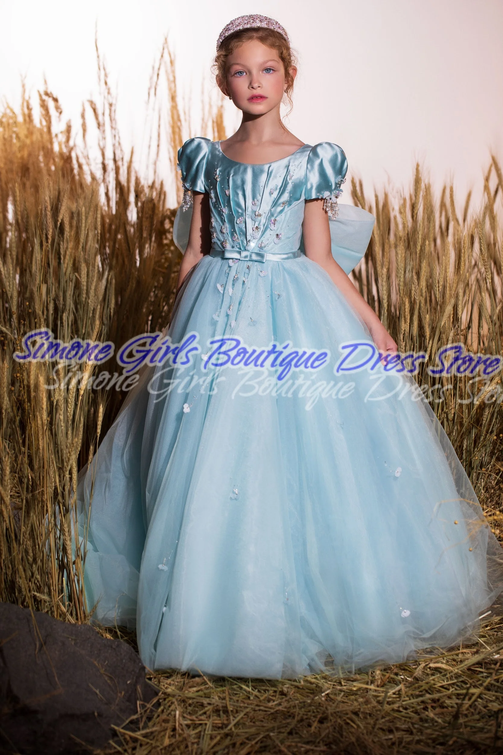 Pailletten korte mouwen hemelsblauwe elegante satijnen jurk bloemenmeisje jurk voor dansfeest bruiloft schoonheidswedstrijd verjaardagsfeestje