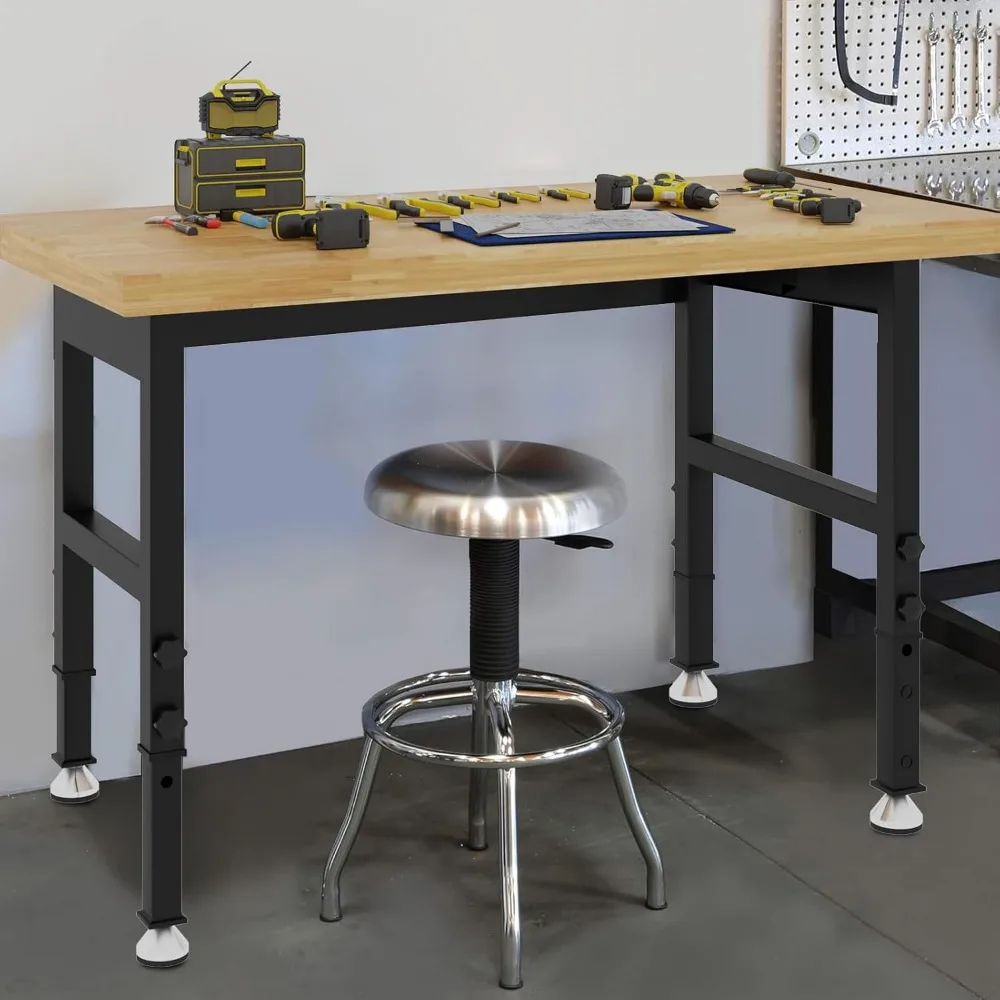 60'' Adjustable Workbench, Solid Wood Work Bench Table with Wheels and Power Outlet, Rolling Workbench with Drawers