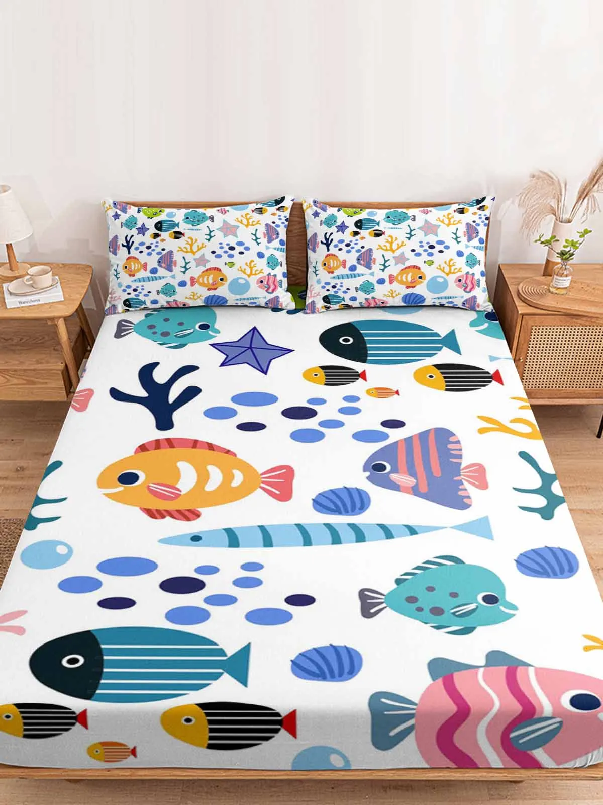 

Cartoon Animals Fish Coral Shells Cute Fitted Sheet Mattress Cover Four Corners Elastic Band Bed Sheet With Pilllowcase