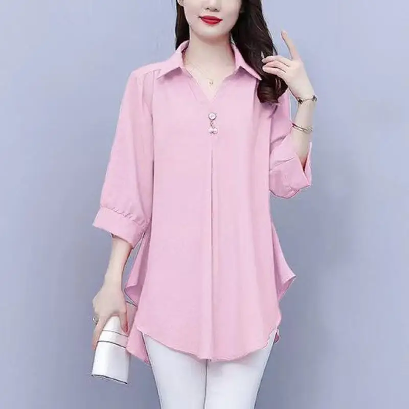 Women Summer Office Lady Elegant Loose Large Size Appear Thin Solid Color Slash Neck 3/4 Sleeve Shirts Ladies Casual Trend Tops