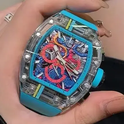 CRONUSART Men Chronograph Watch Tonneau Mechanical Wristwatch Sapphire Case Luminous Waterproof FKM Strap Snake Dial