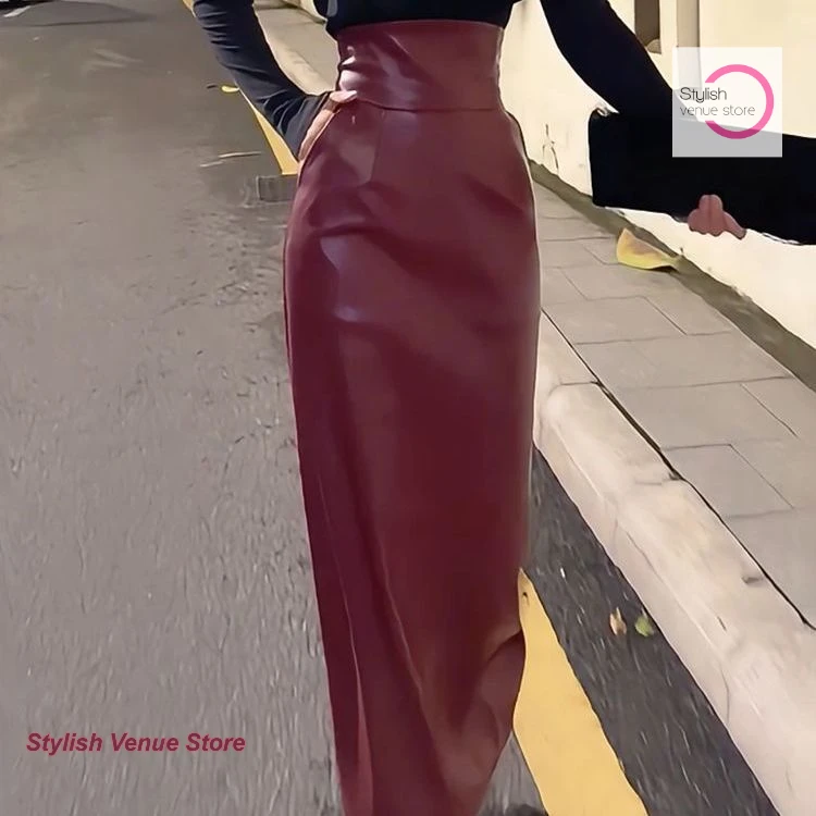 

American retro burgundy slim hip leather skirt female spring and autumn new fashion design temperament casual Joker skirt.