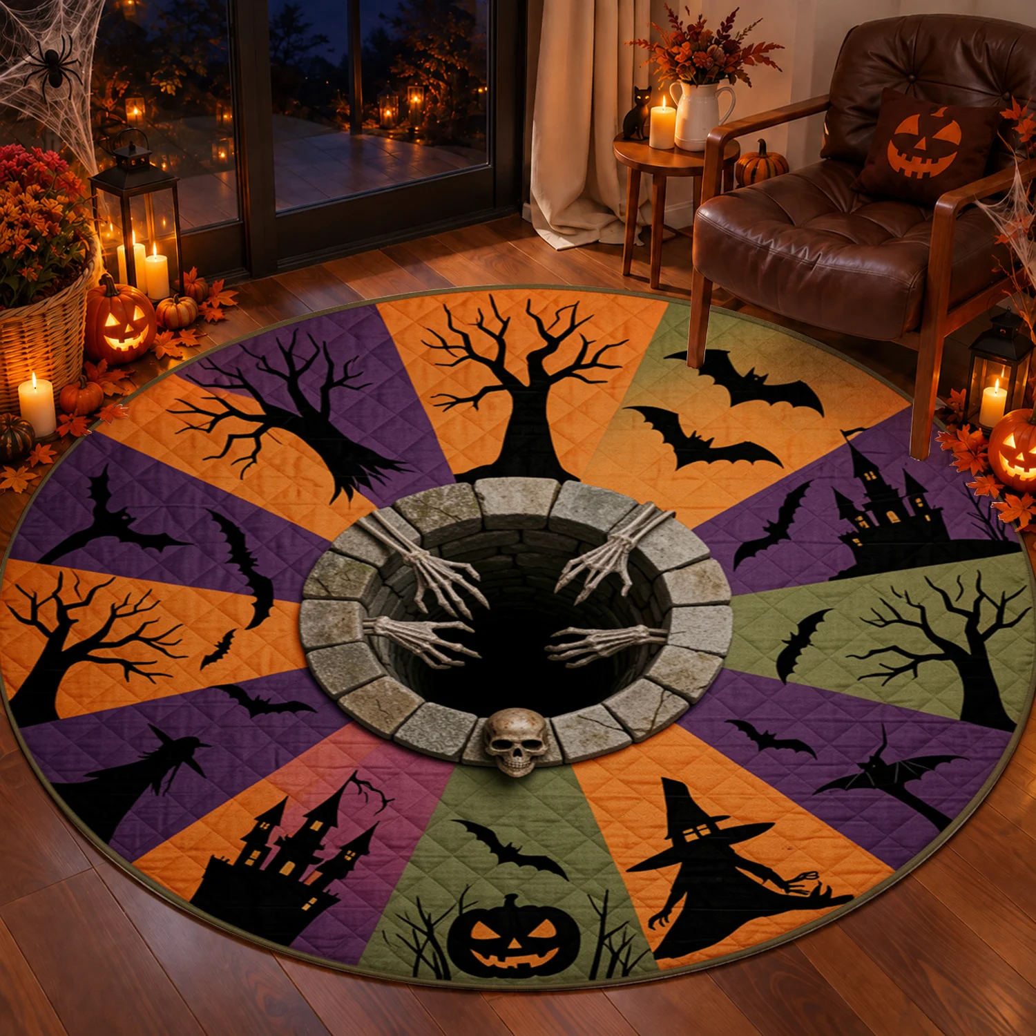 Spooky Halloween Bat Witch Jack-o'-lantern Haunted House Skeleton Design Round Velvet Table Mat, Machine Washable, Ideal for Dining Table, Living Room, Home Party, Perfect for Halloween, Thanksgiving, Black Friday, Christmas, New Year Decor
