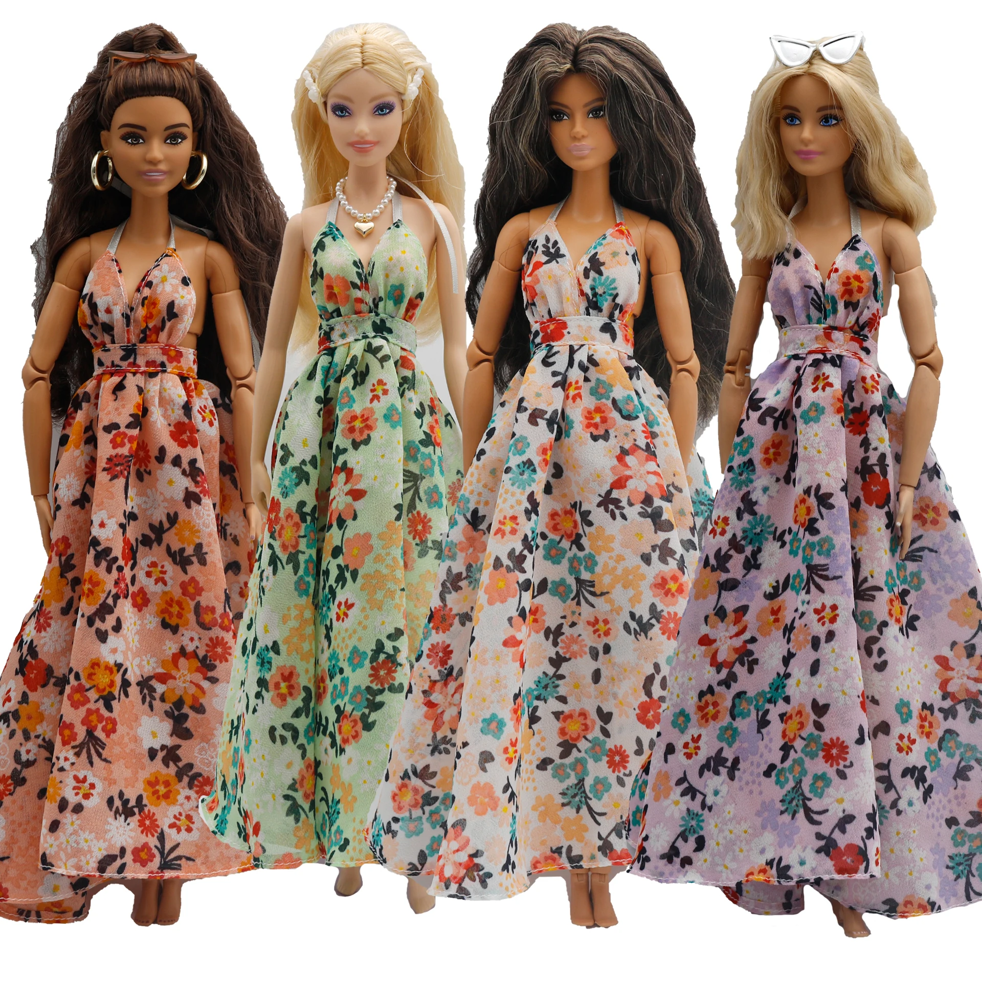 

New 30cm 1/6 halter back 4-color floral chiffon belted halter dress accessories for Barbies doll clothes