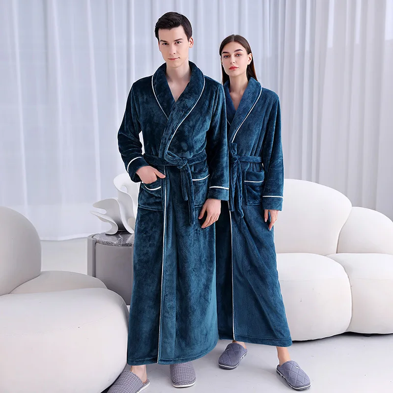 

Winter Extra Long Thick Jacquard Coral Fleece Bath Robe Men Women Kimono Warm Flannel Bathrobe Male Dressing Gown Mens Sleepwear
