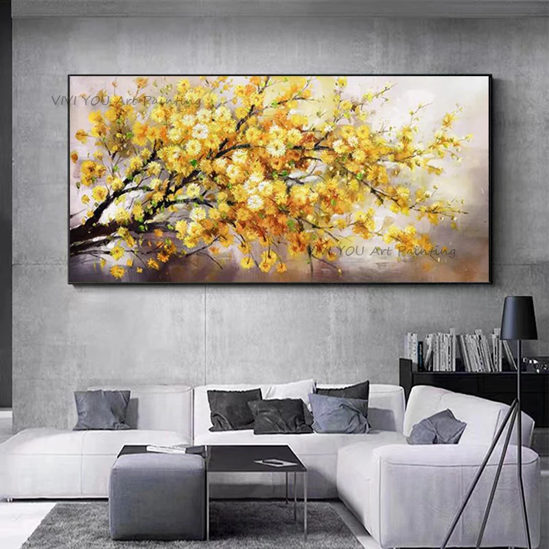 Handpainted Wall Oil Painting On Canvas Thick Textured Golden Bloom Tree Floral Oil Painting for Modern Office Decor