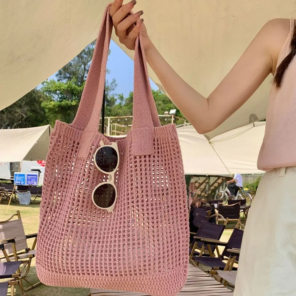 

Women Girls Knitted Shoulder Bags Retro Hollow Woven Large Capacity Shopper Handbags Crochet Bag