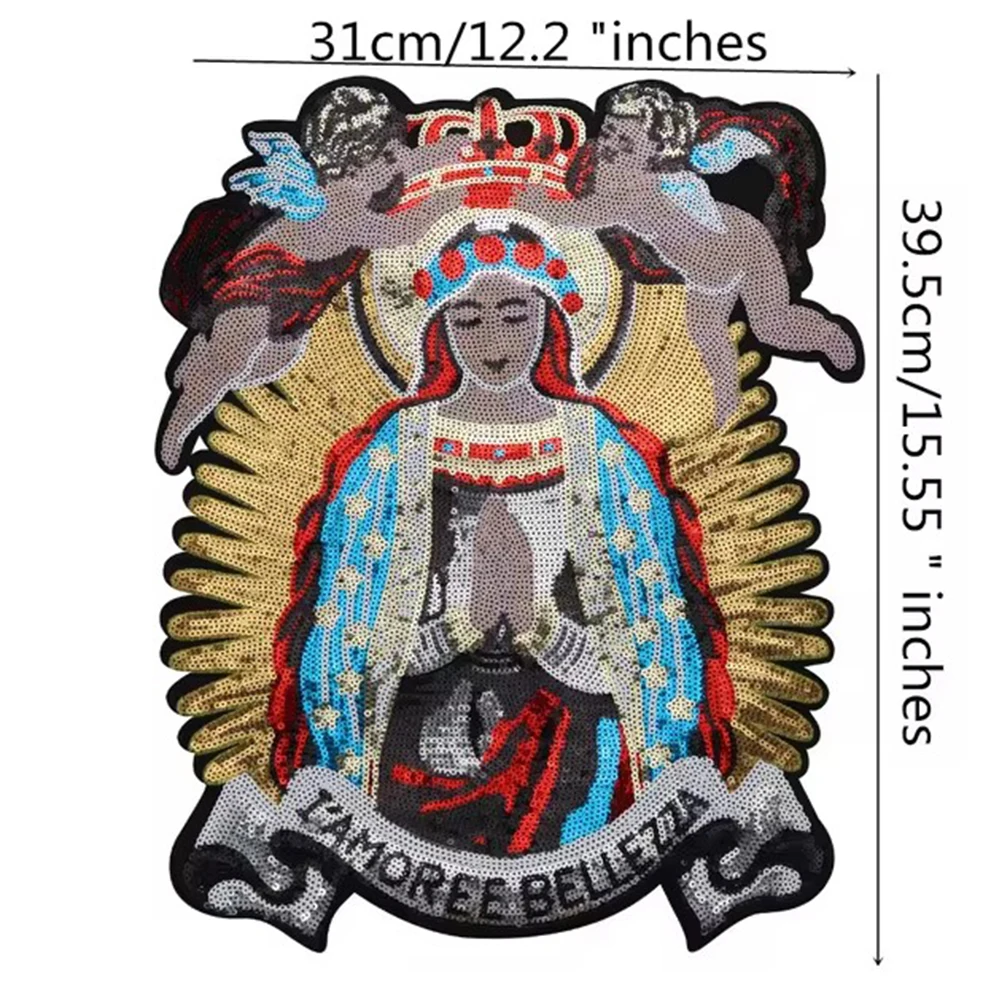 Large Sequin Fairy Virgin Mary Baby Angel Patches Embroidery Applique Brand Fashion Show Back Patches Jacket