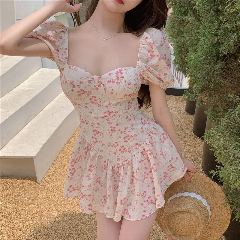 Ins Style Simplicity Floral Devise Ruffles Skirts Swimsuit Korea Tenderness Sweet Conservative Onsen Swimwear One Piece Suits