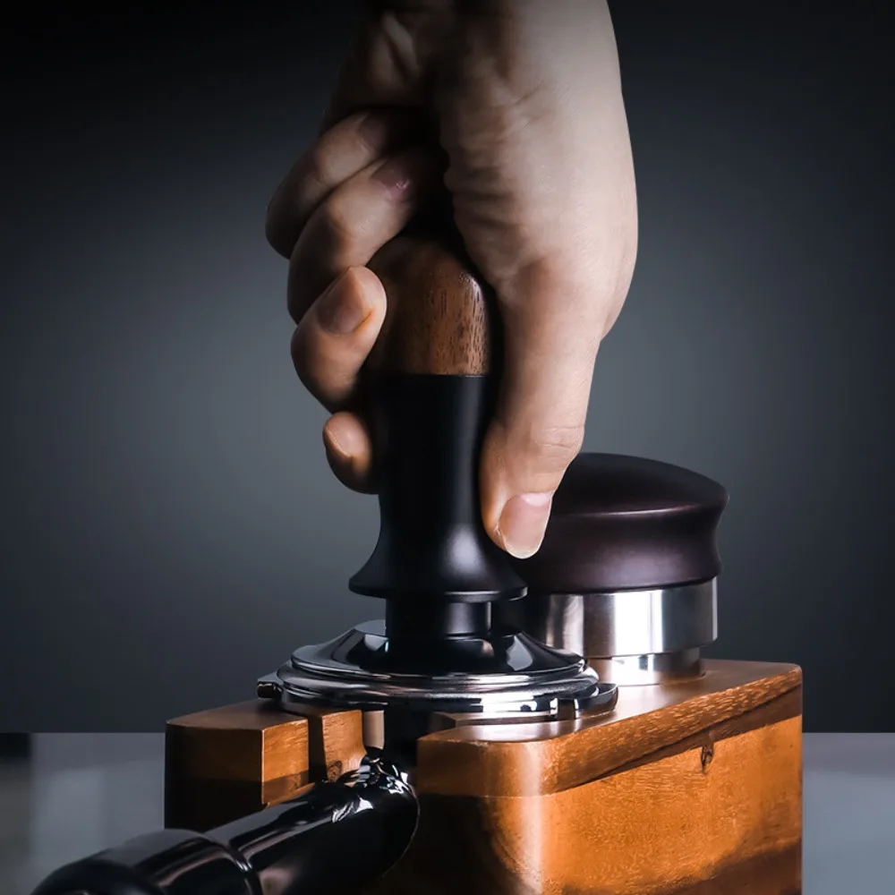 

51/53/58MM Coffee Tamper Flat/threaded Bottom Springs Design Coffee Leveler Walnut Handle Self-rebounding Coffee Powder Press