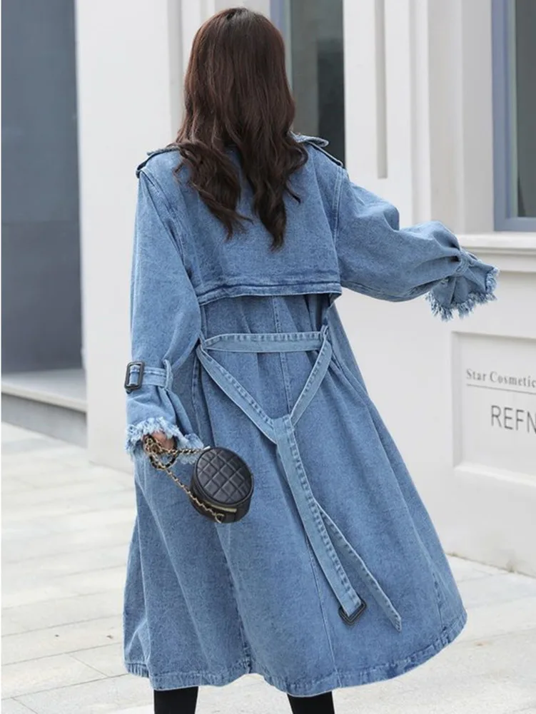 Manteau semi-long en denim bleu avec ceinture pour femme, coupe-vent effiloché, manches longues, vintage, décontracté, printemps, automne, 2023