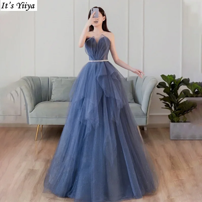 

It's Yiiya Evening Dress Shiny Blue Tulle Pleat Strapless Lace up A-line Floor Length Plus size Women Party Formal Gowns A3101