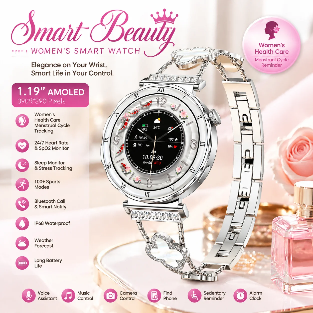 LIGE Fashion 1.19” AMOLED Screen Smart Watch For Women Health Monitor Women's Watches BT Call Sport Waterproof Ladies Smartwatch