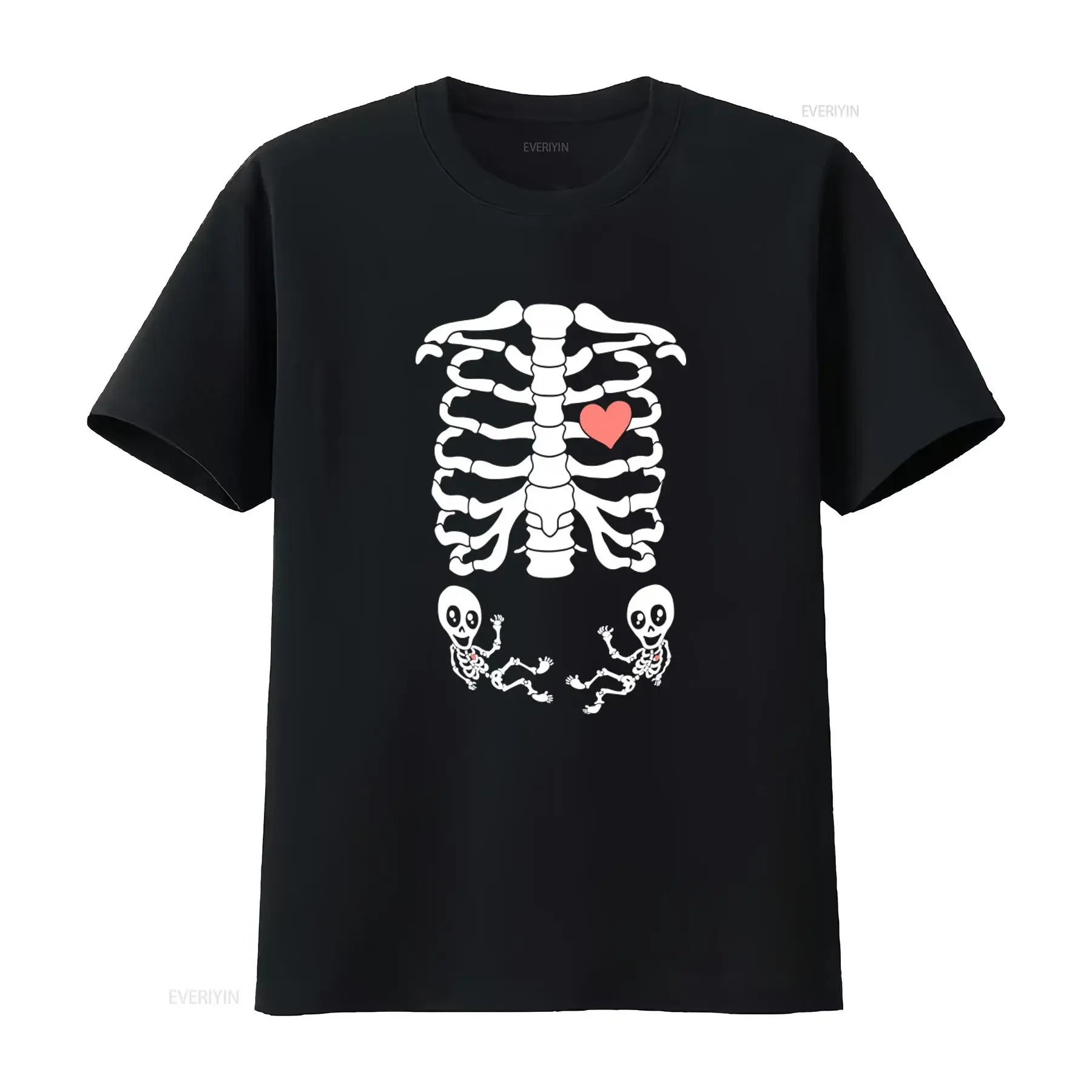 Halloween Maternity T Shirt Twins Announcement Pregnancy Pregnant Skeletons Cute Heart Print vintage Washed fashion Comfortable