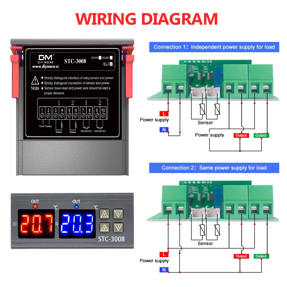 STC-3008 Dual Digital Temperature Controller Two Relay Output DC 12V/24V AC 220V Thermoregulator Thermostat With Heater Cooler