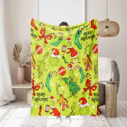 1pc Christmas gift Grinch digital printed flannel blanket, warm, skin-friendly, suitable for office, home, travel, camping