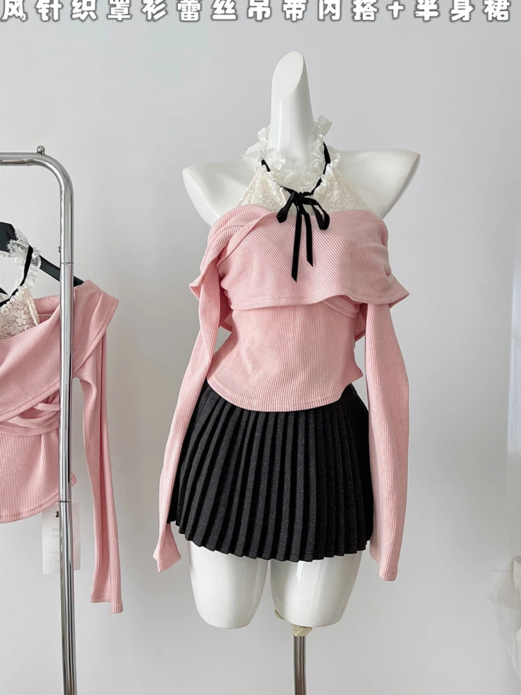 Conjunto de 2 piezas de trajes coreanos de Ballet Core Shoujo para mujer, Tops cortos de encaje de manga larga + Mini faldas plisadas Gyaru, invierno