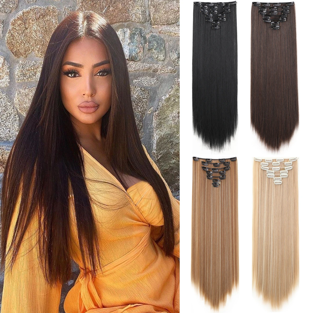 Clip nelle estensioni dei capelli Premium sintetico lungo rettilineo posticci 7 pz/set 22 pollici estensioni dei capelli morbidi naturali per le donne