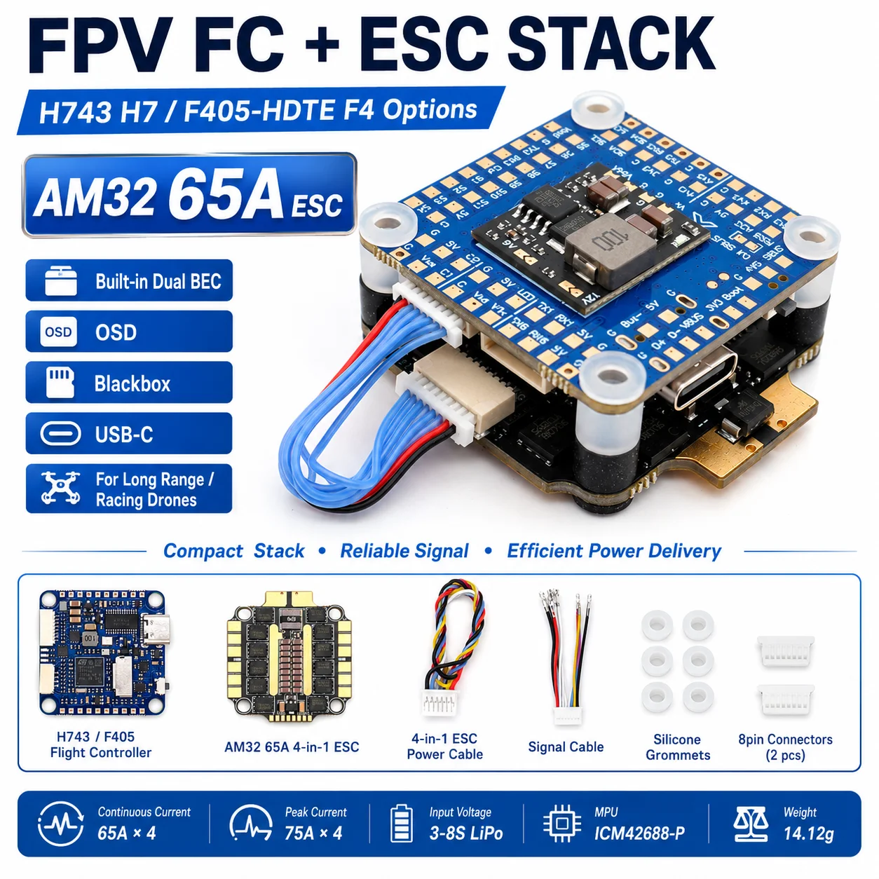H743 H7 F405-HDTE F4 Flight Controller Built-in Dual BEC OSD Blackbox AM32 65A ESC Stack For RC FPV Long Range Racing Drones
