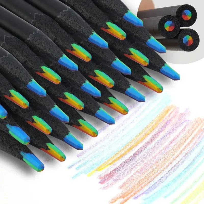 1-12Pack Rainbow Colored Pencils Multicolored 7 in 1 Black Wooden Bulk Rainbow Pencils Art Supplies Drawing Coloring Sketching