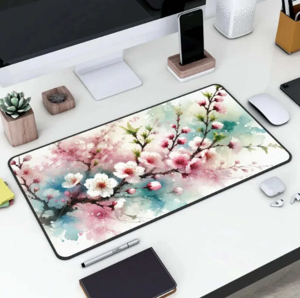Watercolor Cherry Blossom Large Desk Mat Pink Floral Sakura Extended Gaming Mouse Pad  Non-Slip Rubber Base Keyboard Mat Acc.