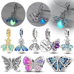 Original 925 Sterling Silver Charm Beads Glowing Luminous Firefly Butterfly Pendant for Bracelet Charm Jewelry