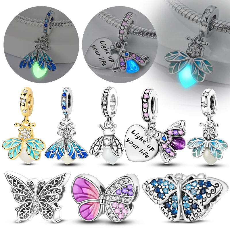 Original 925 Sterling Silver Charm Beads Glowing Luminous Firefly Butterfly Pendant for Bracelet Charm Jewelry