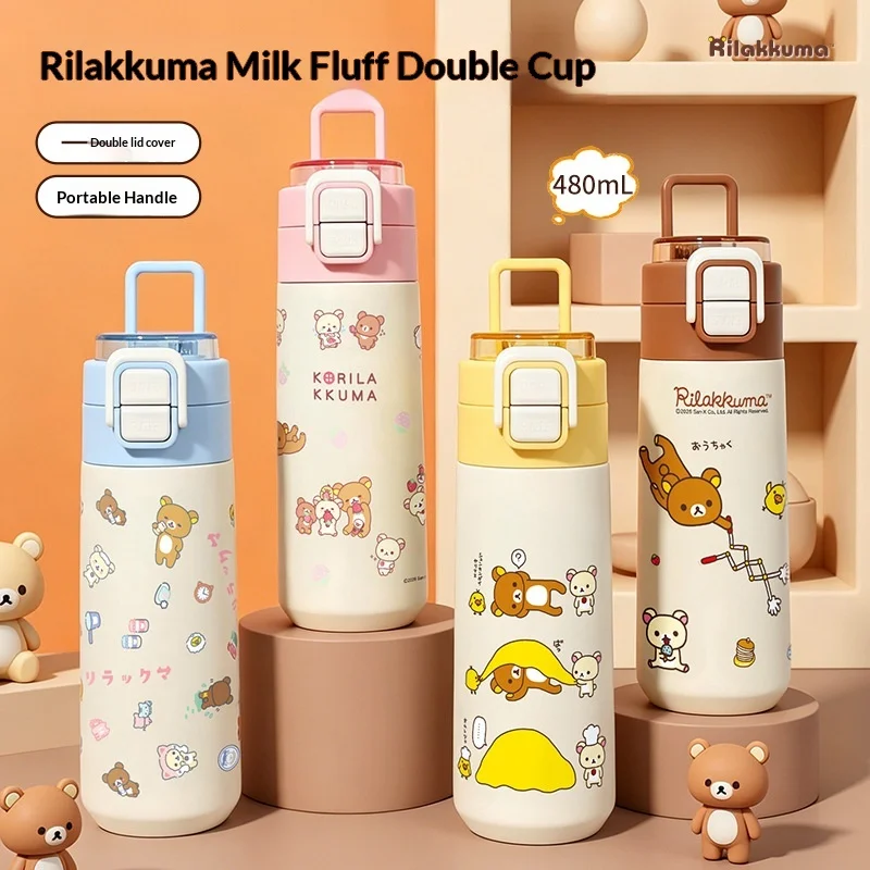 Rilakkuma Isolierte Wasserflasche aus 316 Edelstahl, 480ml, Doppeltrinkbecher mit Strohhalm, tragbarer Griff, auslaufsicherer Reisebecher