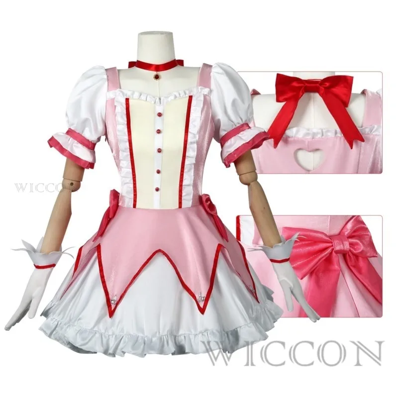 Puella Magi Madoka Magica Fantasia Cosplay com Peruca e Sapato, Vestido de Baile Curto Rosa, Uniforme de Festa Halloween, Roupa de Festa