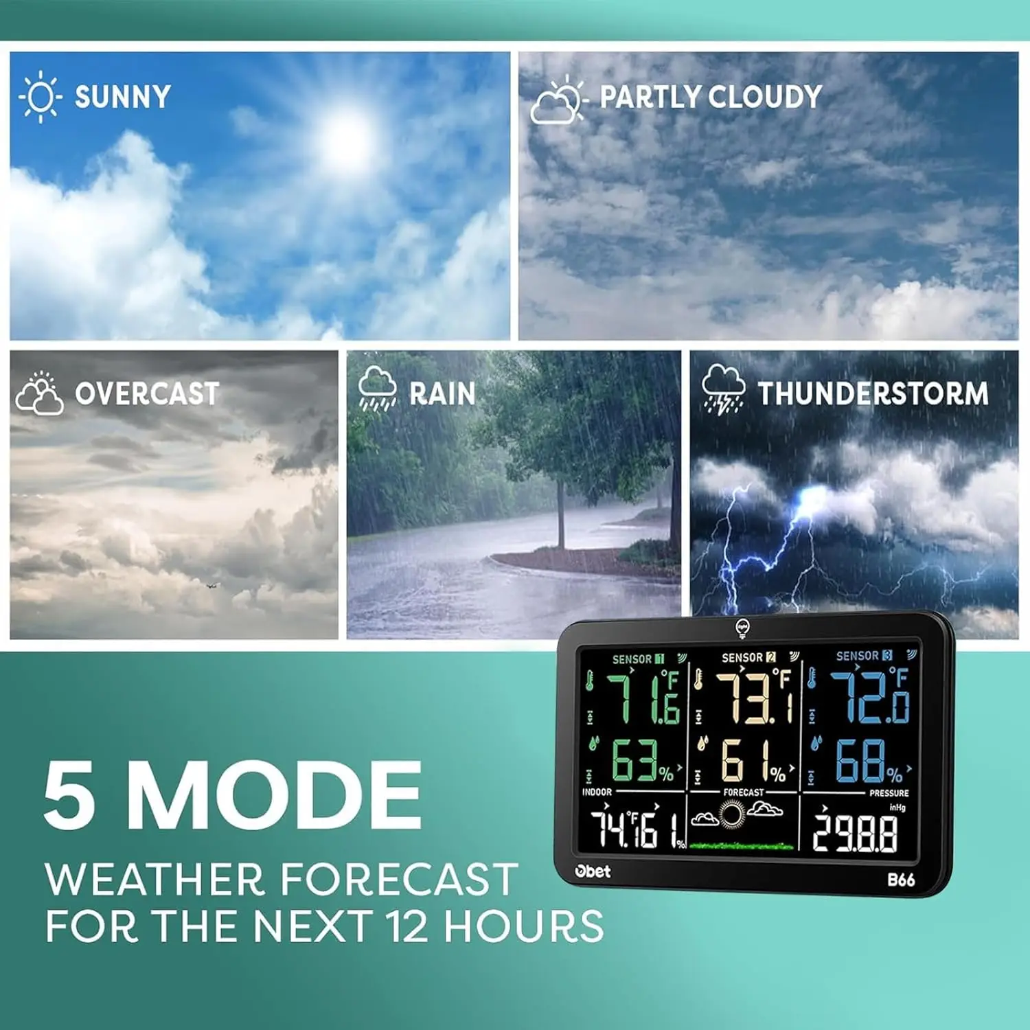 Wireless Weather Station with 3 Sensors, Digital Temp/Humidity Monitor, Alerts, Adjustable Backlight, USB Port – Indoor