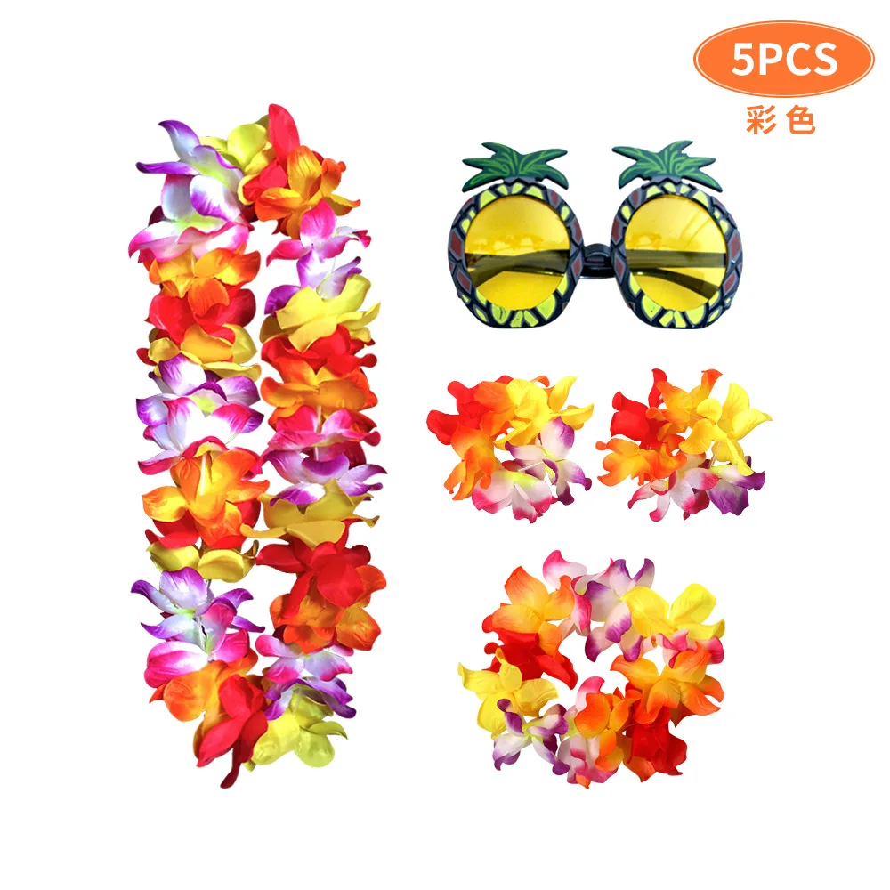 5PC Pineapple Sunglasses Hawaiian Flowers leis Garland Necklace Upgrade Fancy Dress  Hawaii Summer Beach Tropical Party Decor