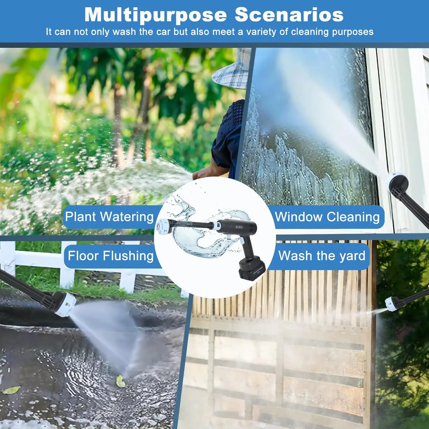 غسالة ضغط تعمل بالبطارية 1200 رطل لكل بوصة مربعة، بطاريات 2 × 1500 مللي أمبير في الساعة، خرطوم 10 أمتار، فوهة 6 في 1 #3