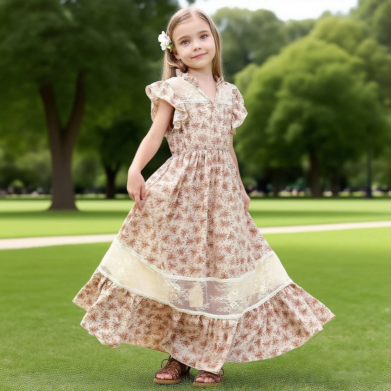 

Summer Hot Selling New Girls' Fashionable And Elegant Random Printed Dress With Small Fly Sleeves Casual Skirt