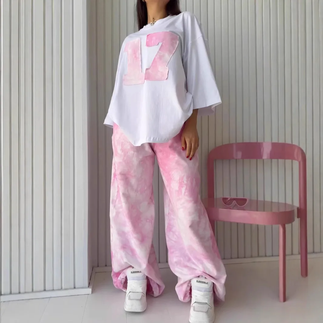 

American Y2K Hot Girls Loose Short-sleeved T-shirt Suit 2025 Spring And Summer New Women's Tie-dye Comfortable Casual Suit