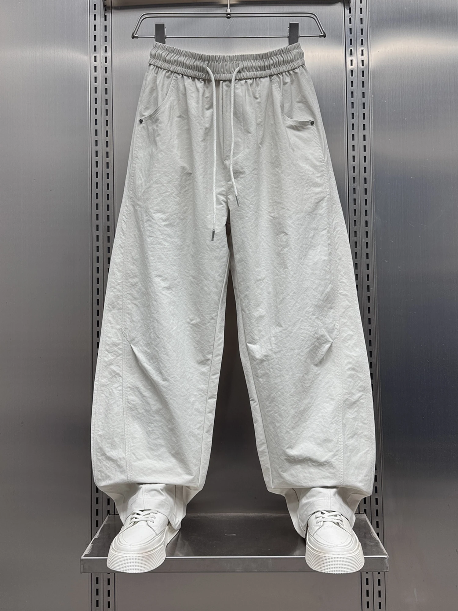 

Summer 2025 Men's Loose American Sle Casual Pants Trousers Faionable Patchwork Knife Straight Leg Elastic Waist