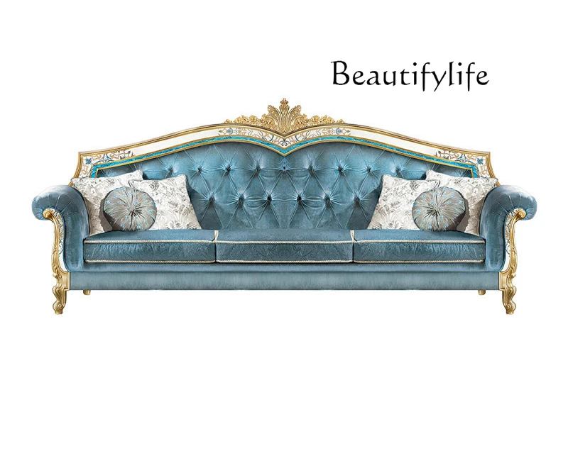 European fabric sofa luxury French solid wood carving flower villa shell inlaid home designer