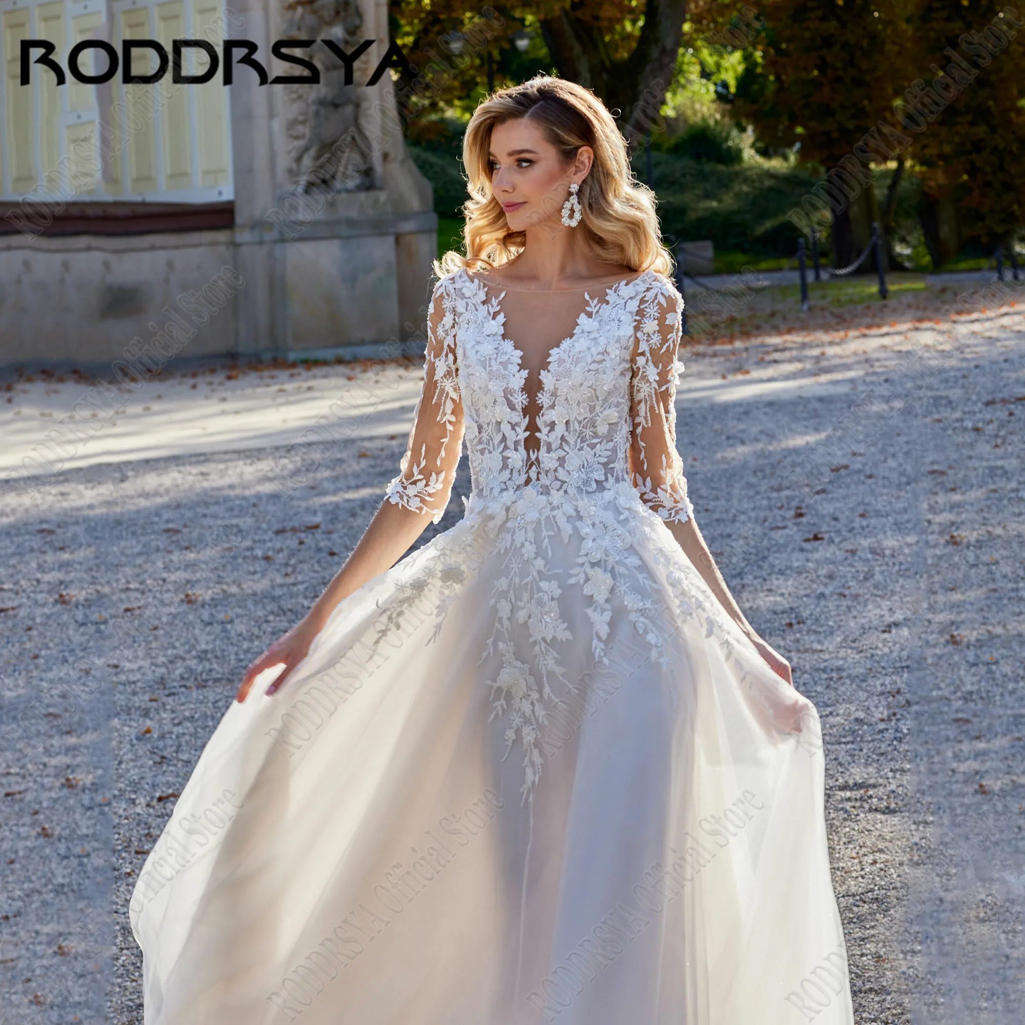 RODDRSYA Scoop Wedding Dress Bride Luxury 2024 3/4 Sleeves Backless Lace Applique Vestidos De Novia A-Line Tulle Sequin Custom