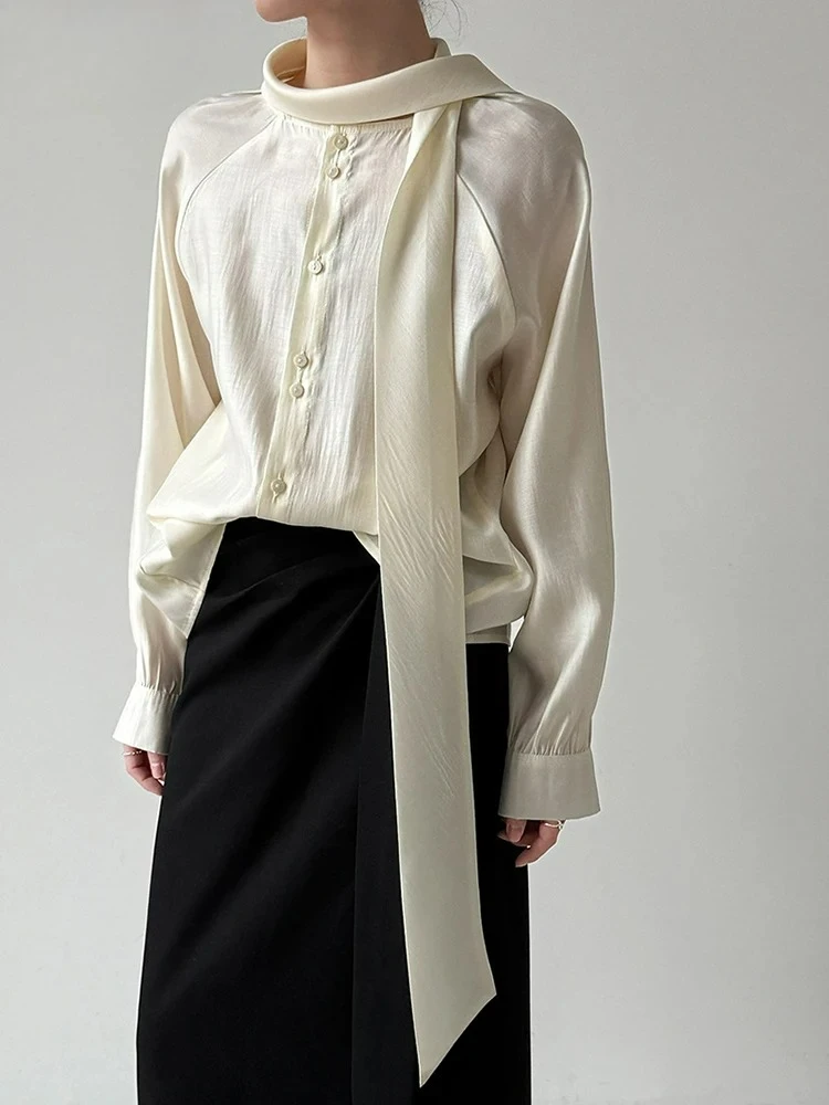 New Half High Collar Long Sleeve Shirt Fashion Tide Spring Autumn2026 Women Apricot Lace Up Big Size Casual Blouse