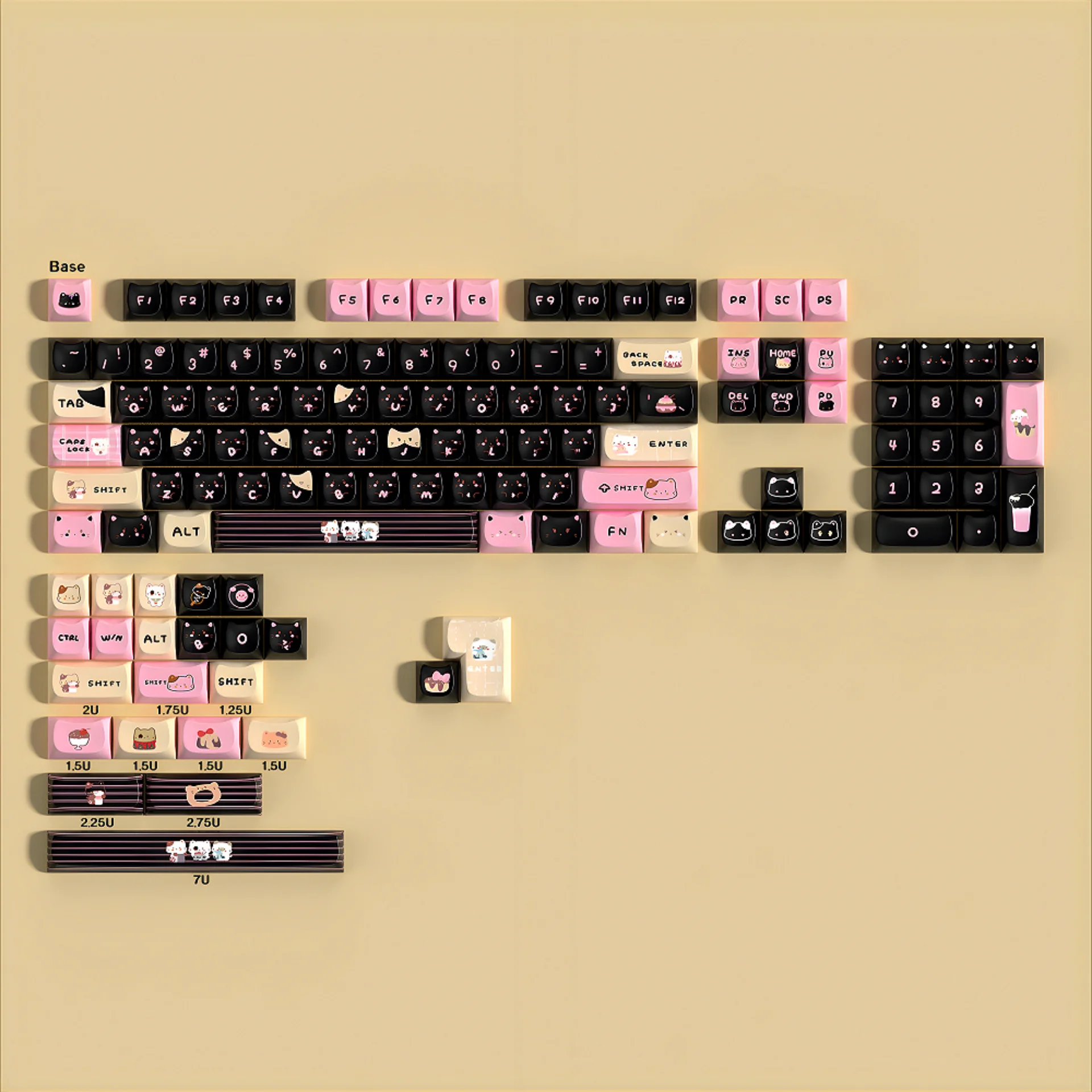 391/5000 MAO Black Pink Cat Head Key Cap PBT 129 Key Cute Cat Girl Key Cap Gift for 60/64/84/98/108 Mechanical Keyboard