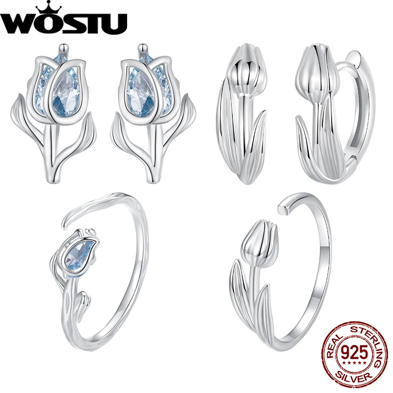 

WOSTU Hot Sell 925 Sterling Silver Tulip Earrings Opening Ring Set Spinel Ear Studs for Women Fine Jewelry Party Date Daily Gift