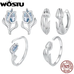 WOSTU Hot Sell 925 Sterling Silver Tulip Earrings Opening Ring Set Spinel Ear Studs for Women Fine Jewelry Party Date Daily Gift