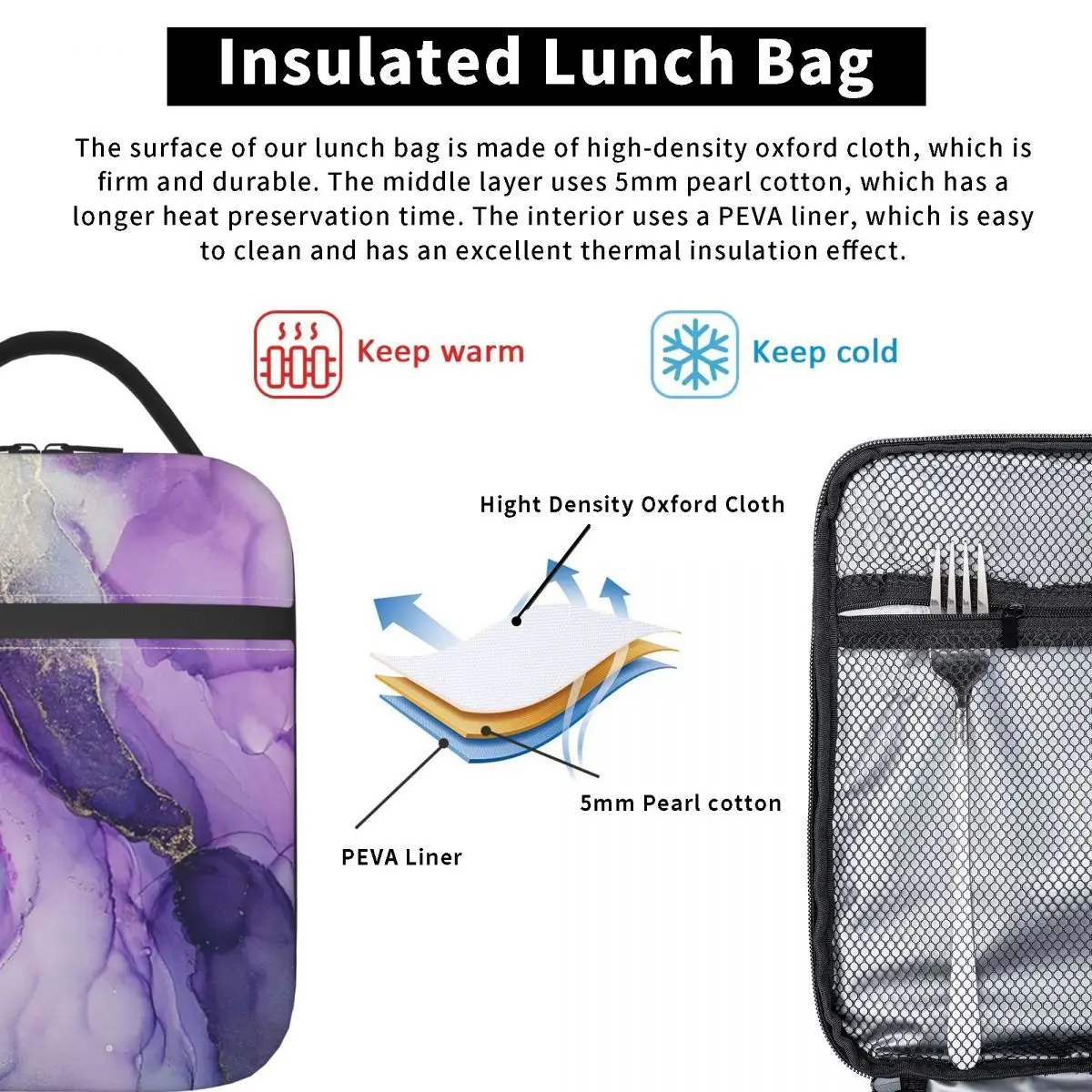 Original Regal Purple Alcohol Ink Abstract A Insulated Lunch Bag for Women Children Leakproof Food Boxes Thermal Lunch Box Tote