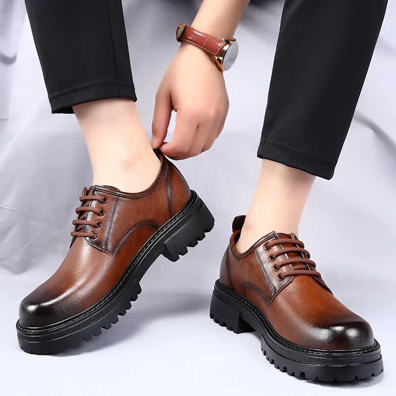 Trendy lace up thick soled men's leather shoes Social Office Versatile Sneakers Men Luxury Leisure  Party Wedding Men's Shoes