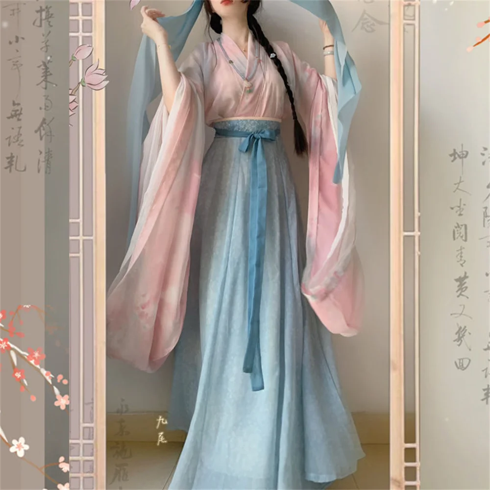 Vintage Hanfu Women Chinese Traditional Stage Dance Dress Female Fairy Cosplay Costume Hanfu Set Blue Elegant Princess Outfits